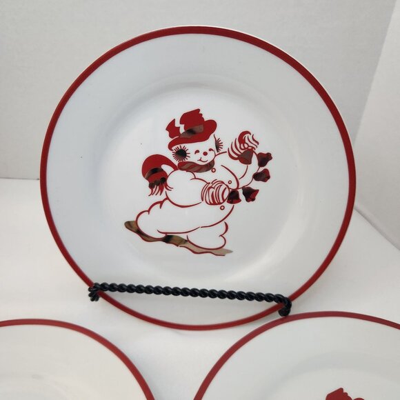 Set Of 3 Vintage Snowman Dessert Plates Red & White Christmas Design 8" - Picture 2 of 6